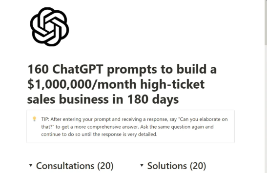 160 ChatGPT prompts to build a $1,000,000/month high-ticket sales business in 180 days