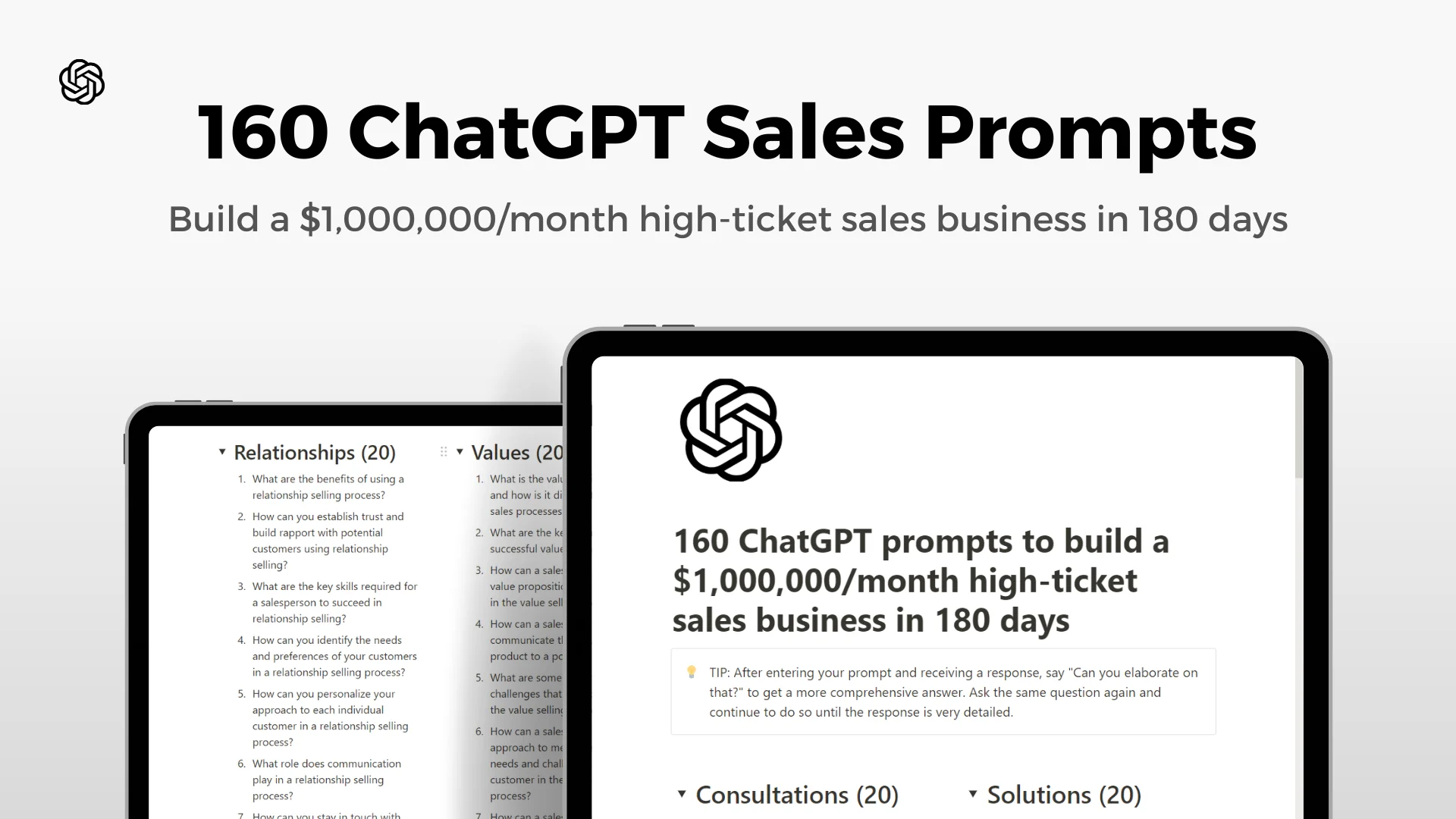 160 ChatGPT prompts to build a $1,000,000/month high-ticket sales business in 180 days
