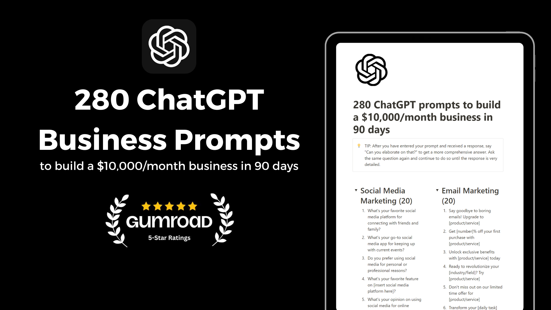 280 ChatGPT prompts to build a $10,000/month business in 90 days